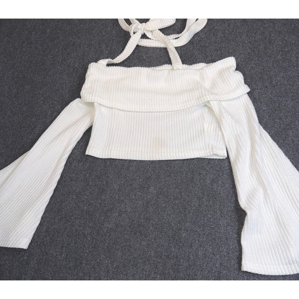SHEIN Women White Off Shoulder Halter Crop Top Large Ribbed Bell Sleeve